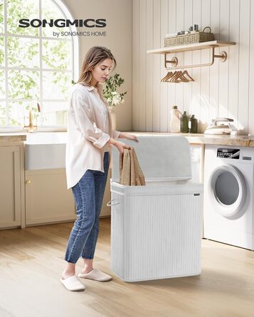 Кошик для білизни SONGMICS з кришкою, 150 л, бамбук, знімний мішок, ручки, білий