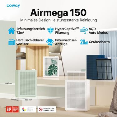 Повітряний очисник COWAY AIRMEGA 150: GreenHEPA™, 73 м², видаляє 99,999% частинок, віруси, бактерії, аерозолі, ECARF сертифікат, білий