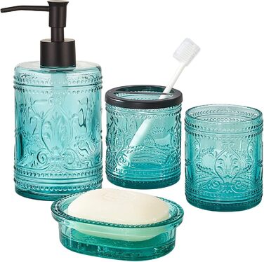 4-piece glass bathroom accessory set with decorative pressed pattern, including soap dispenser, tumbler, soap dish, and toothbrush holder, blue-green