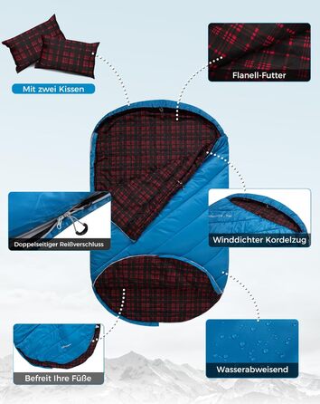 KingCamp 2-Person Winter Sleeping Bag - Warm Outdoor Sleeping Bag for Camping & Travel - 3-4 Season, Includes 2 Flannel Pillows