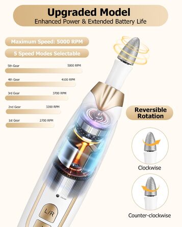 Набір для манікюру та педикюру з електричною насадкою для шліфування нігтів, 6 насадок, 20 шліфувальних кілець, 5 швидкостей, LED-підсвічуванням, білий