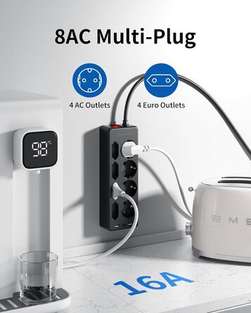 Мережевий фільтр Sameriver 8-фазний з захистом від перенапруги, 3 USB, вимикач, кабель 3M, чорний