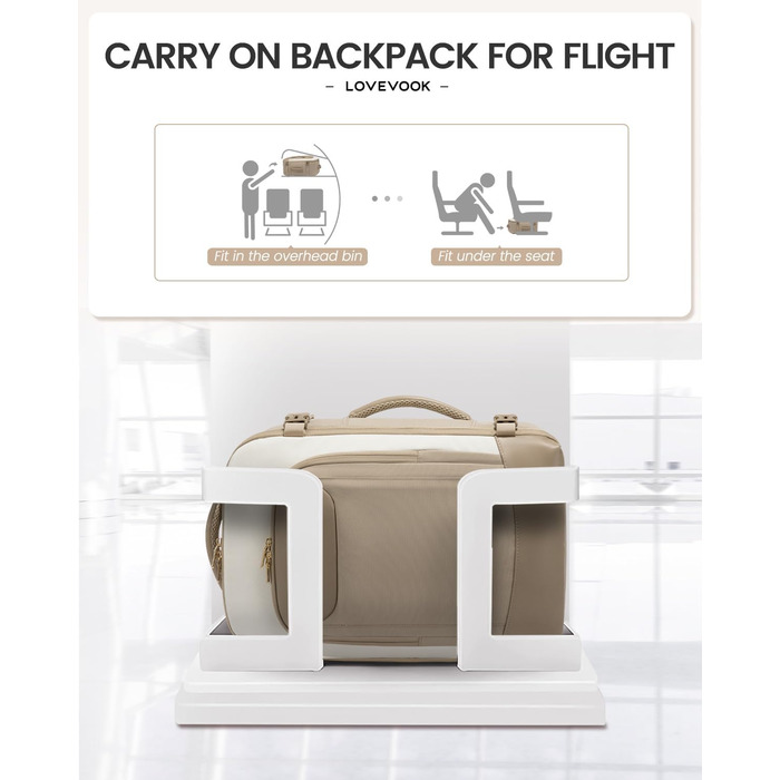 LOVEVOOK Рюкзак для ручної поклажі, 40L, для жінок, валіза-рюкзак з відділенням для ноутбука, водонепроникний, для подорожей, ділових поїздок, вихідних, Khaki-beige