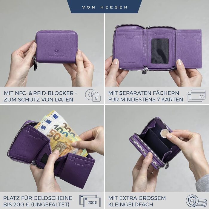 VON HEESEN Leather Wallet with RFID Blocker - Wallet for Women & Men made of Genuine Leather - Wallet with Coin Pocket - Purse for Women and Men in Violet
