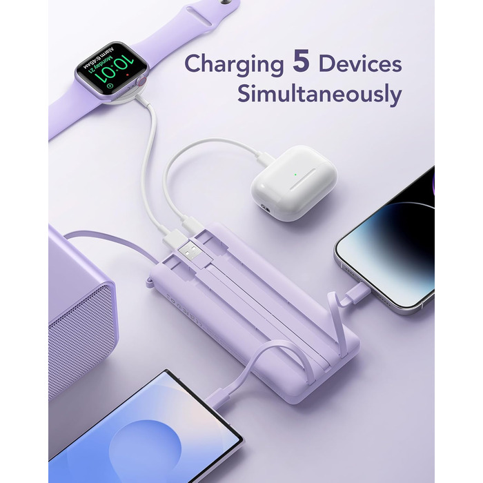 Powerbank VRURC 10000mAh з кабелем: портативний зарядний пристрій USB-C з LED дисплеєм та 5 виходами, 2 входами, сумісний з iPhone, Huawei, Samsung та іншими смартфонами (колір: туманний фіолетовий)