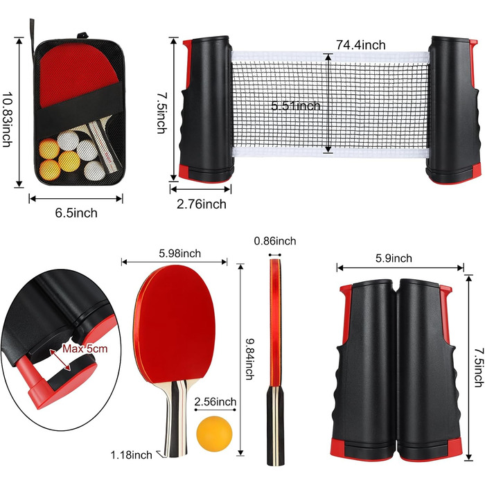 Набір для настільного тенісу KIMIGO: 2 ракетки, 6 м'ячів, сітка та сумка. Підходить для початківців та професіоналів, для гри в приміщенні та на вулиці
