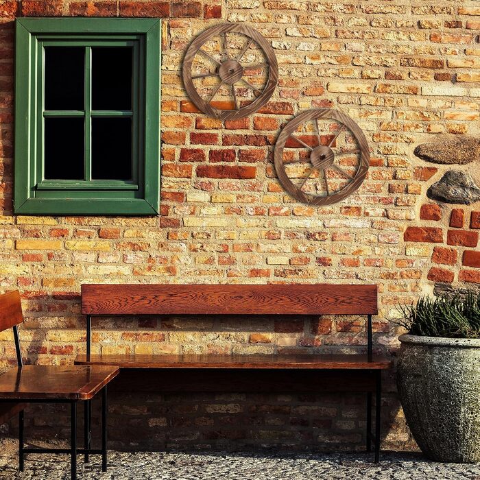 Relaxdays Wooden Wagon Wheel, 2-Piece Set, Decoration for Garden, Terrace, Veranda, Rustic Spoke Wheel, Saloon, Western, Brown