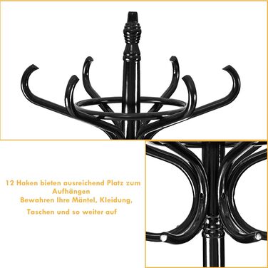 COSTWAY 184cm Wardrobe Rack with Umbrella Holder, Coat Rack with 12 Clothes Hooks, Clothes Rack made of Wood, Freestanding Coat Rack for Entryway, Living Room and Bedroom (Black)