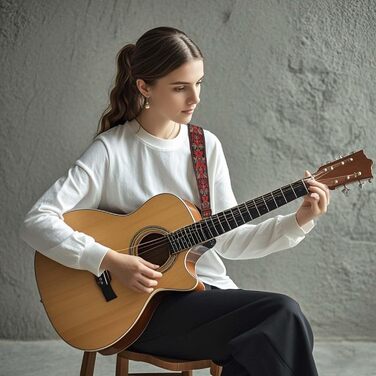 Гітарний ремінь з бавовни для акустичної гітари, 2 шт. Вишитий гітарний ремінь для бас-, електро- та акустичних гітар, безкоштовна пряжка, замок для ременя та медіатор, ретро-червона квітка