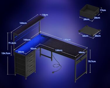 Ігровий стіл Coleshome з LED підсвічуванням, 130 x 100 см. Реверсивний стіл з шухлядами та розетками, кутовий стіл з полицею та місцем для зберігання, чорний