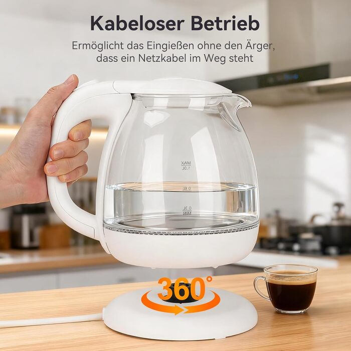 Електричний чайник Aigostar зі скла, 1 л, 2200W, LED-підсвічування, автоматичне відключення, захист від сухого кипіння, BPA Free, білий