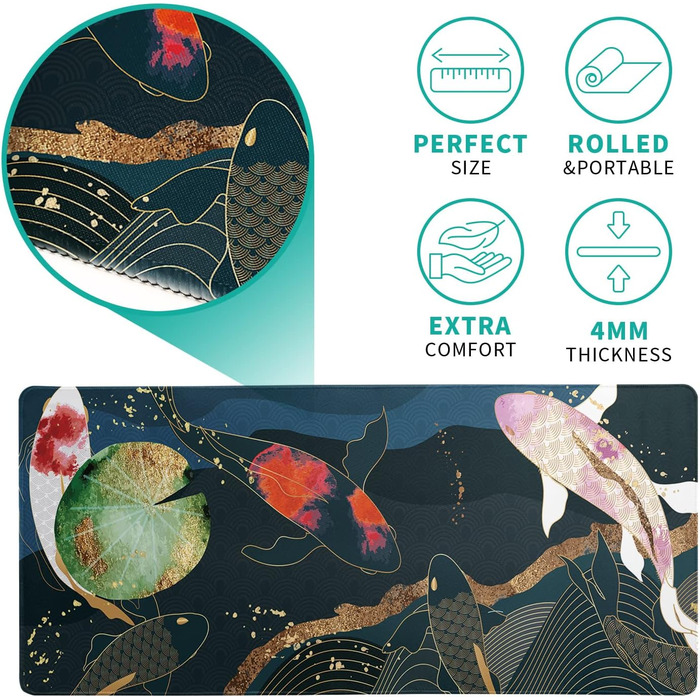 Японський килимок для миші з хвилями океану, великий ігровий килимок з аніме, подовжений килимок на стіл Канагава, товщина 3 мм, неслизька гумова основа, 80 x 30 см (Кої-карп)