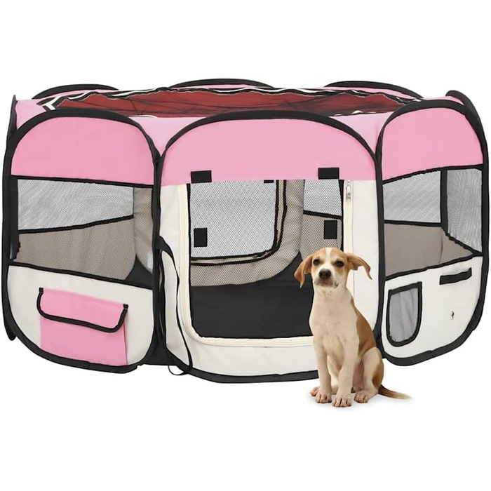 Вольєр для цуценят VidaXL, розкладний, 145x145x61 см, рожевий