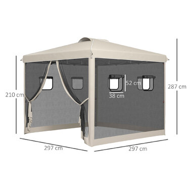 Outsunny Folding Gazebo 3x3m with 4 Mosquito Curtains, UV Protection, Pop-Up Design, Window & Carry Bag, Beige for Garden Parties