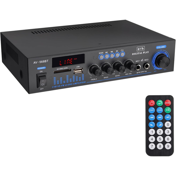 LiNKFOR стерео підсилювач Bluetooth для дому та авто з FM-радіо, USB/SD/MP3, LED-дисплей, HiFi аудіо, 29.5×23×10 см