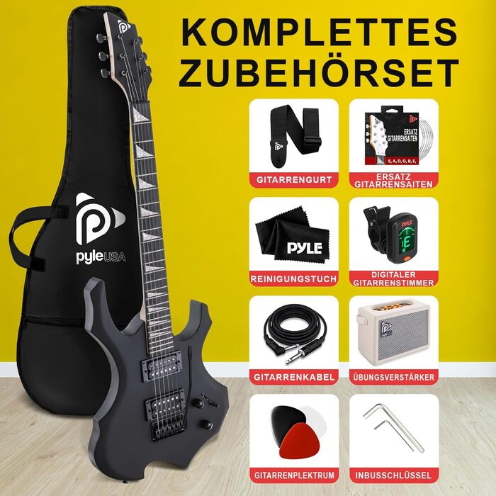 Електрогітара Pyle E – Комплект для гітари з підсилювачем, чохлом, струнами, ременем, тюнером та кабелем, для важкого металу та подорожей, чорна