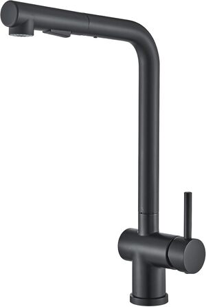 Змішувач для кухні Rozin, чорний матовий, високого тиску, з висувною лійкою 360°, 2 режими, для мийки, з донним клапаном (Orb)