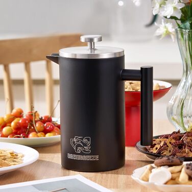 Набір для приготування кави френч-прес: термоізольований, з молочний пінозбивач, з нержавіючої сталі (матова чорна), 1 літр