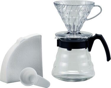 Кавовий набір Hario V60: пластиковий дрипер, скляний сервер, мірна ложка, фільтри, боросилікат, чорний, розмір 2