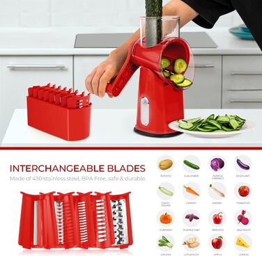 Ручна тертка для овочів Steaseas з ручкою - тертка для сиру, овочів, горіхів з 5 насадок, потужним присоском, контейнером для лез (червона)