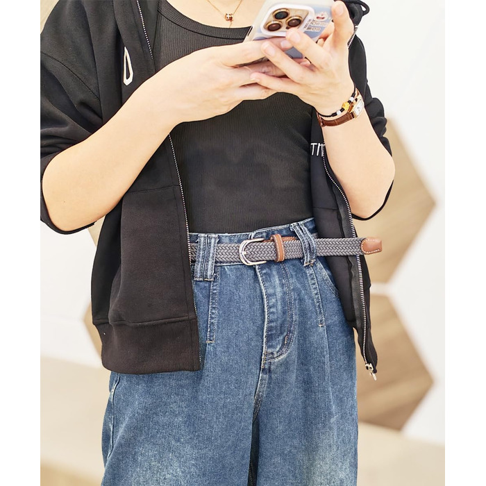 Еластичний жіночий/дівчачий ремінь 2.5 см, плетений, для джинсів та суконь, 2 шт. (Чорний/Сірий) M/91/96 см