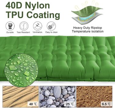 Каремат для кемпінгу самонадувний, 12 см, ультралегкий, з насосом та подушкою. Підходить для туризму, пляжу та відпочинку на природі (зелений)