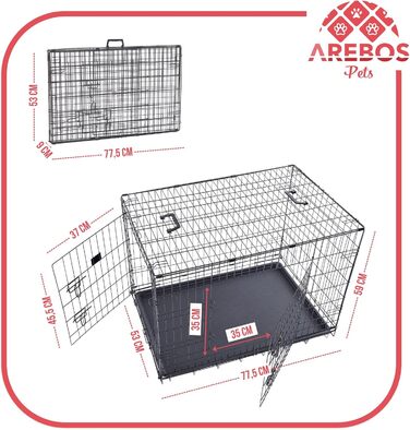 Клітка для собак Arebos 77,5 x 53 x 59 см | Транспортна переноска для собак, складана | Чорна клітка для собак | Клітка для собак з 2 дверцятами