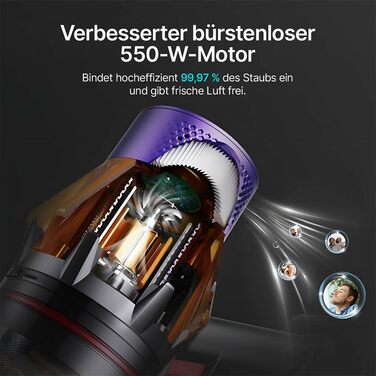 Bergxperten Orizom: Акумуляторний пилосос з автоматичним визначенням пилу | 60 хв роботи | Без мішка | Для килимів, твердих підлог та шерсті тварин | 550 Вт