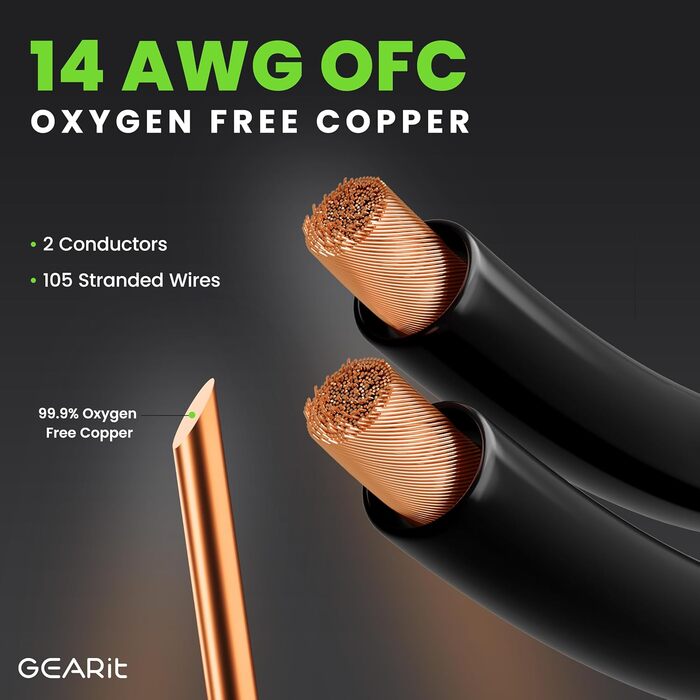 Hi-Fi акустичний кабель GEARit з банановими роз'ємами, 4.57 м, безкиснева мідь OFC, 14 AWG (2x2.5мм²), обплетення, чорний