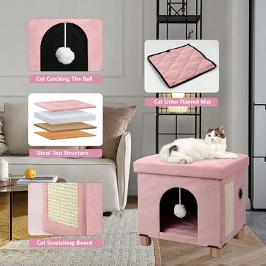 BRIAN & DANY Foldable Cat Cave Large Cat, Cat House Cave for Cats with Scratch Board and Play Ball, Storage Ottoman Seat Stool Footstool with Wooden Feet 37.5 x 32.5 x 36 cm, (Pink)