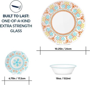 Corelle Набір посуду на 6 осіб, 18 предметів, Vitrelle, стійкий до сколів, для мікрохвильовки та посудомийної машини, морські смуги (Terracotta Dreams)