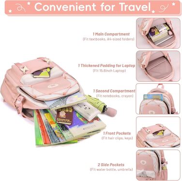 Рюкзак Tanou для дівчаток, 30L, нейлон, 3-9 клас, з тролейною петлею та брелоком (рожевий)