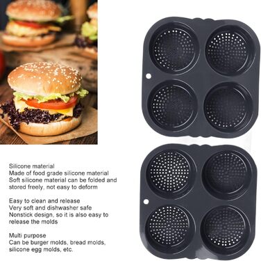 Dpofirs Loaf Pan with Four Cups, Mini Burger Buns Made of Food-Grade Silicone Material, Burger Buns Baking Mold with Non-Stick Coating, High Heat Resistance for Bread and Buns