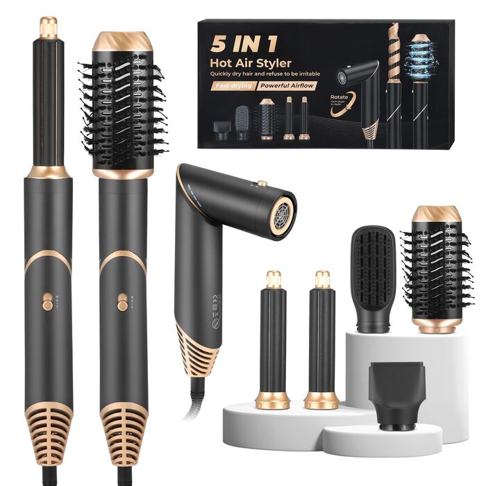 Airstyler 6 в 1: Фен-щітка для волосся Bürste Set, 5 насадок для сушки, випрямлення, локонів, об'єму та догляду. Підходить для всіх типів волосся