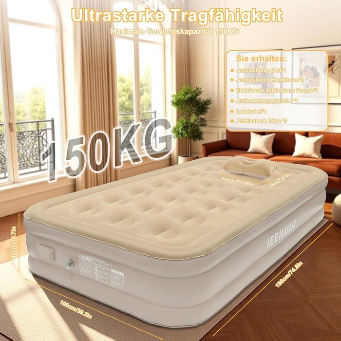 Надувний матрац самонадувний, односпальний з насосом та нічним світлом, 190 x 100 x 40 см, для дому та кемпінгу