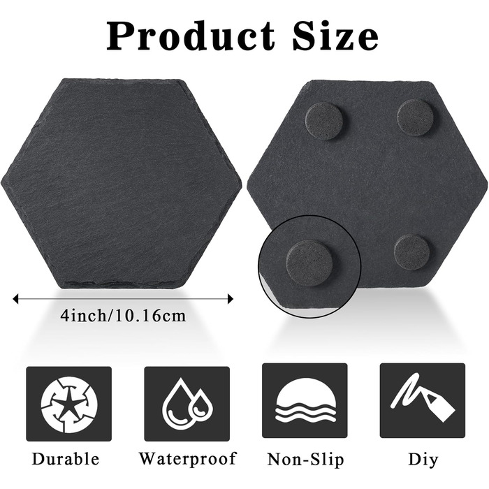 MAPRIAL 36-Piece Slate Coasters Bulk, 10.2 cm Hexagonal, Blank, Black Stone Coasters for Drinks, Natural, Handmade, Hexagon, Stone for Laser Engraving, Gifts, Engraving, Halloween (Black)