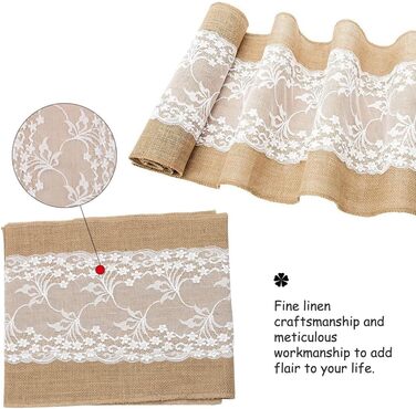 Jute Table Runner with Lace White 30CMx10M Jute Ribbon Rustic Burlap Lace Wedding for Festival Event Table Decoration Christmas Decoration Birthday (Jute and Lace)