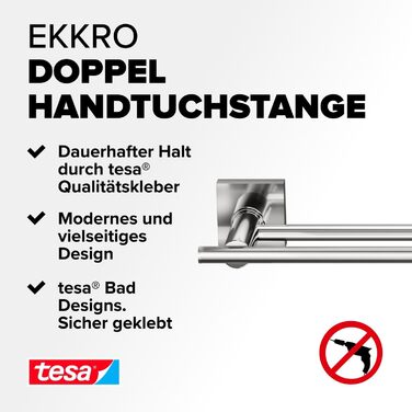 tesa EKKRO Double Towel Rail, Chrome - Towel Holder with 2 Bars - For Wall Mounting Without Drilling, Includes Adhesive Solution - 112 mm x 640 mm x 50 mm