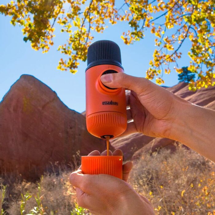 WACACO Nanopresso Portable Espresso Machine, Upgrade Version of Minipresso, 18 Bar Pressure, Small Travel Coffee Machine, Without Protective Case, Manual Operation, for Camping and Hiking, Orange