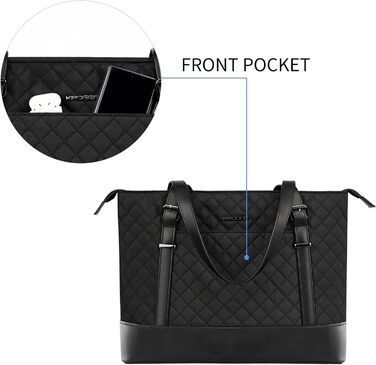 Сумка для ноутбука KROSER жіноча чорна елегантна 15.6 дюймів, велика легка сумка-тоут для бізнесу, школи, подорожей - стебнована