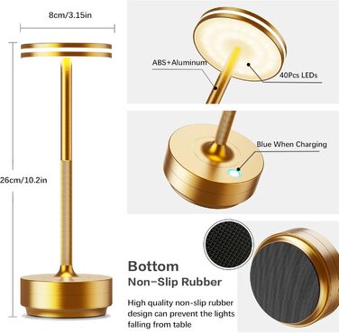 Настільна LED лампа Hapfish акумуляторна бездротова, диммована, 5000mAh, 3 режими світла, водонепроникна IP54 для вулиці, спальні, столу – Золота