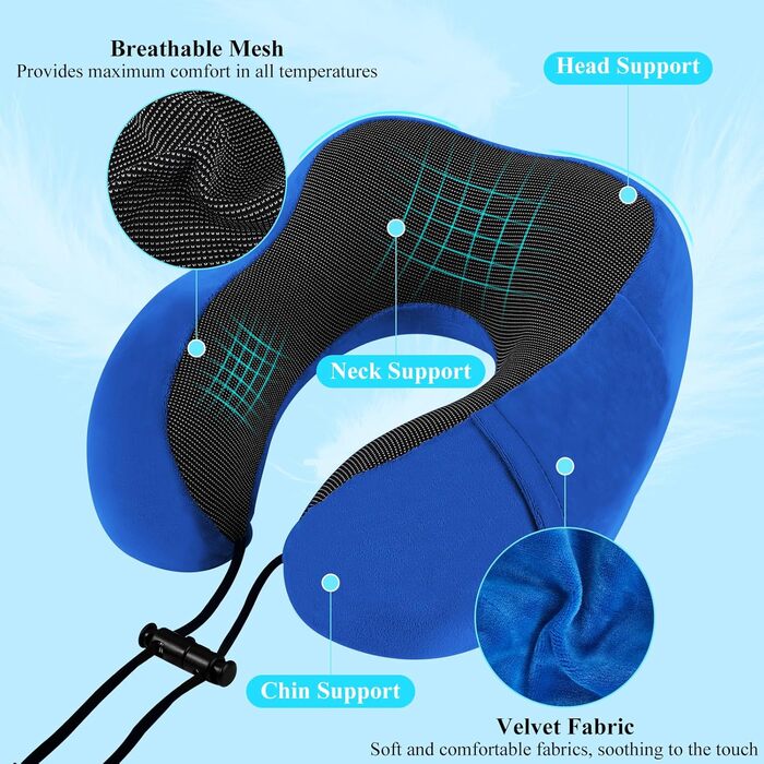 Подушка для шиї у вигляді звірка Memory Foam для подорожей на літаку/автомобілі, з чохлом, берушами та маскою для сну (Блакитна)