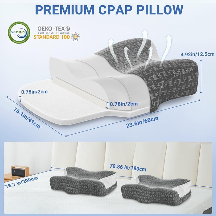 Подушка Elviros з піни Memory Foam для CPAP-терапії для тих, хто спить на боку, анатомічна, регульована висота, сумісна з масками, темно-сіра