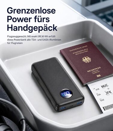 Power Bank 26800mAh 22.5W з 3 портами (USB-C PD 3.0, QC 3.0, USB-A) – Зовнішній акумулятор для iPhone, Samsung, iPad, компактний, авіаперевезення