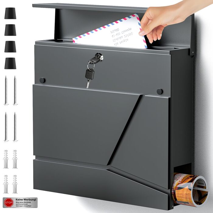 Поштовий ящик Edestahl Anthrazit з газетницею (37x37x10 см), персоналізований з табличкою для імені, вуличний, захист від реклами