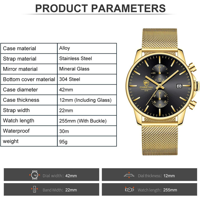 Чоловічий годинник на браслеті Mesh, кварцовий, спортивний, Chronograph, з датою, водонепроникний, чорний, нержавіюча сталь, Gold-Gold-Schwarz