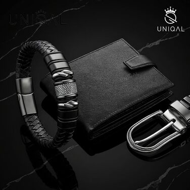 Чоловічий шкіряний браслет UNIQAL 'Premium Style' Mamba Black 23 см з нержавіючої сталі + Подарункова коробка