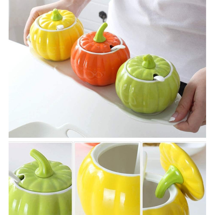YBK Tech Cute Pumpkin Candy Jar Ceramic Sugar Bowl for Coffee Tasting (3 Pieces + Wooden Holder)
