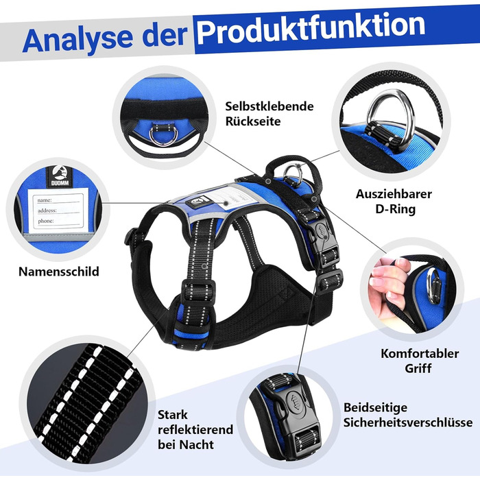 Нашийник для собак великих порід з ручкою, не тягне, дихаючий, з підкладкою, безпечний, світловідбиваючий, з поводом, для тренувань та активного відпочинку, блакитний