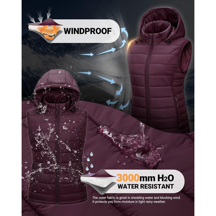 Стьобана жилетка Outdoor Ventures для жінок з капюшоном, гібридна спортивна жилетка для походів та кемпінгу, тепла велосипедна жилетка з капюшоном, лілова, XXL